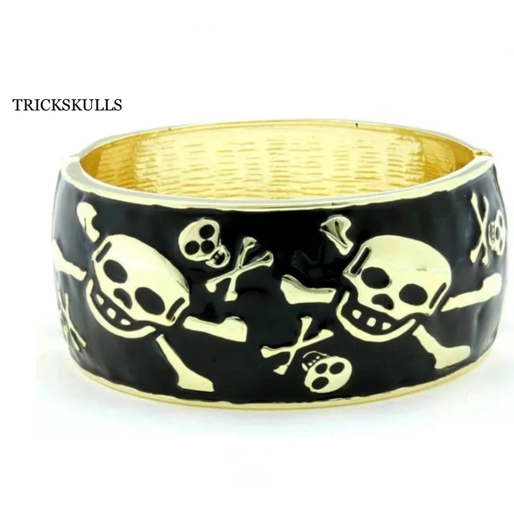 Black Enamel Gold Tone Punk Goth Biker Hinged Cuff Bangle Bracelet New & Sealed!
